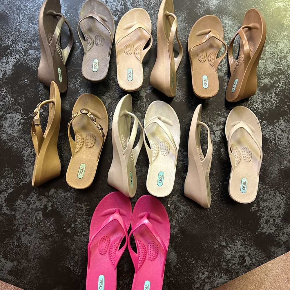 OKAL rubber slip ons.good condition. bundle of 7 Each over 40$. Heels 2 inches.